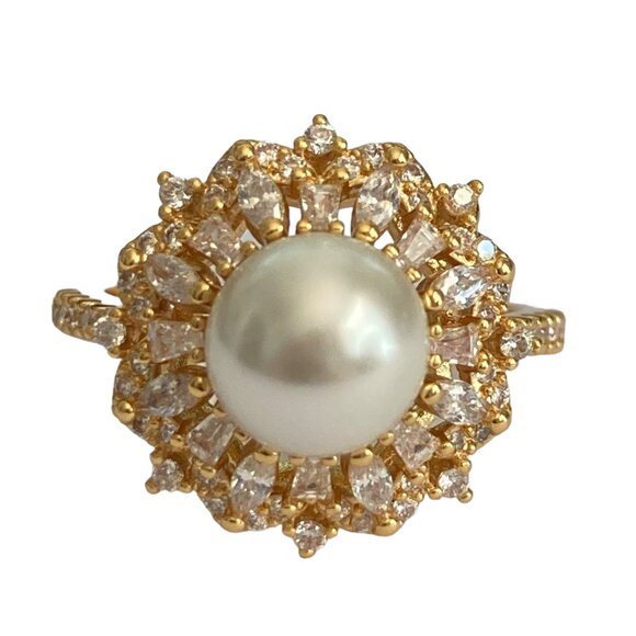Art Deco Cubic Zirconia White Pearl Cocktail Ring Yellow Gold Plated Size 7 8 9 - Picture 1 of 16